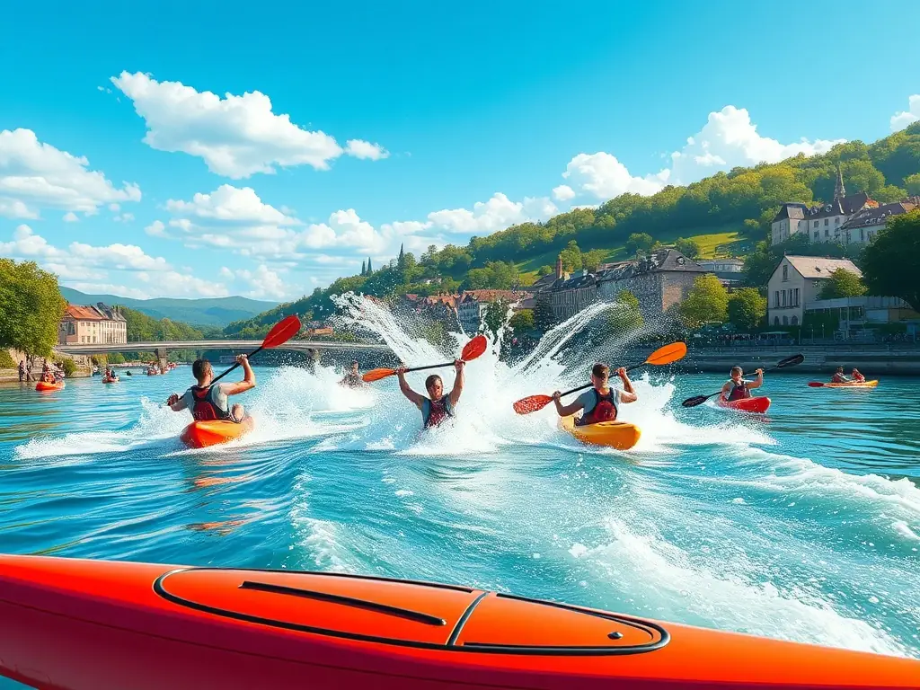 A vibrant image of the International Kayak Freestyle Competition, featuring kayakers performing acrobatic maneuvers in the water, with the scenic backdrop of Treignac.