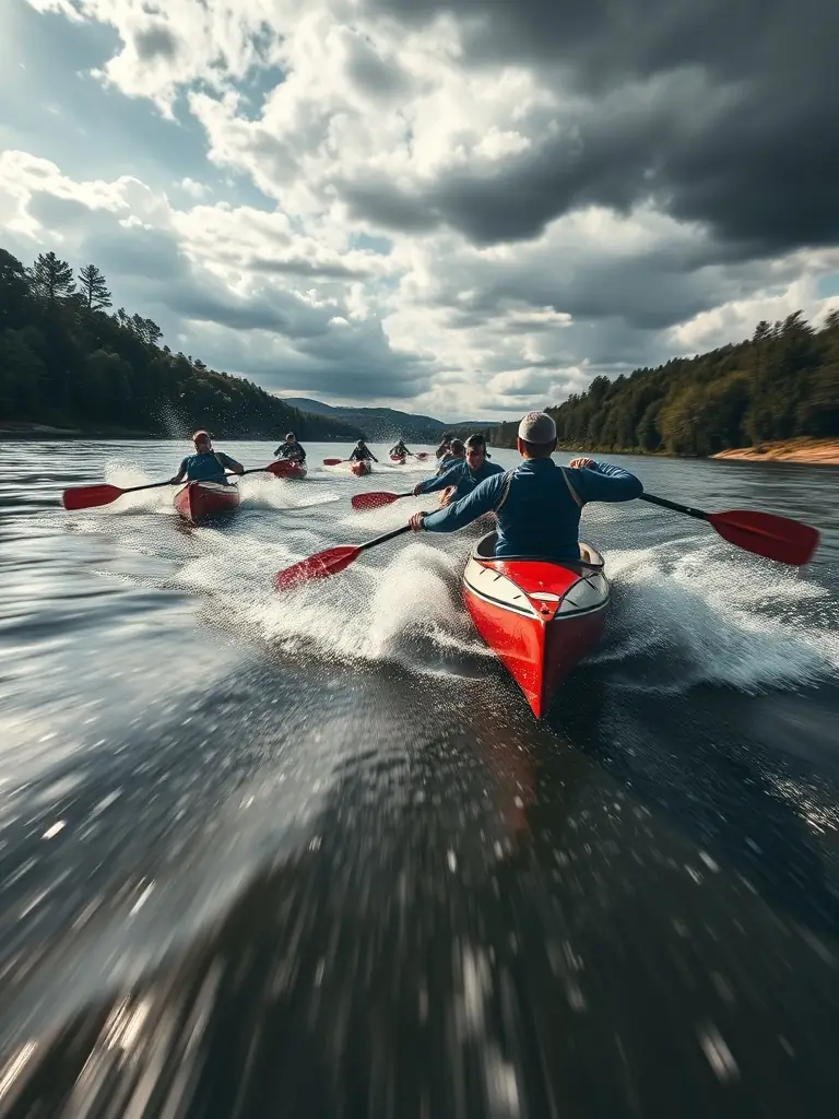 A competitive canoeing event with participants racing down the river, showcasing the competitive aspect of the sport.