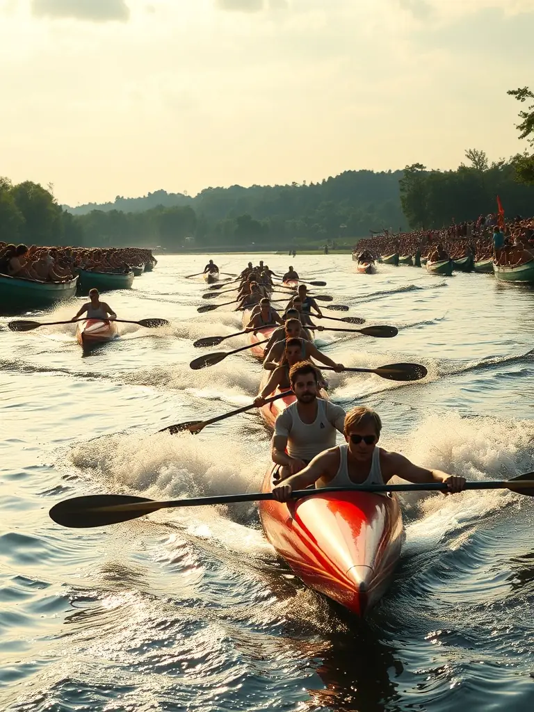An image of a competitive canoeing event, with athletes racing down the river. Spectators are cheering from the riverbank, creating a lively and exciting atmosphere.