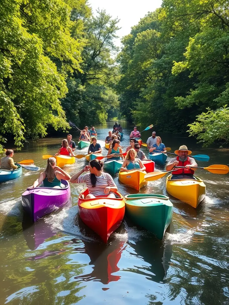 A vibrant image of a group of people paddling canoes down the Vezere River, showcasing the physical activity and teamwork involved.