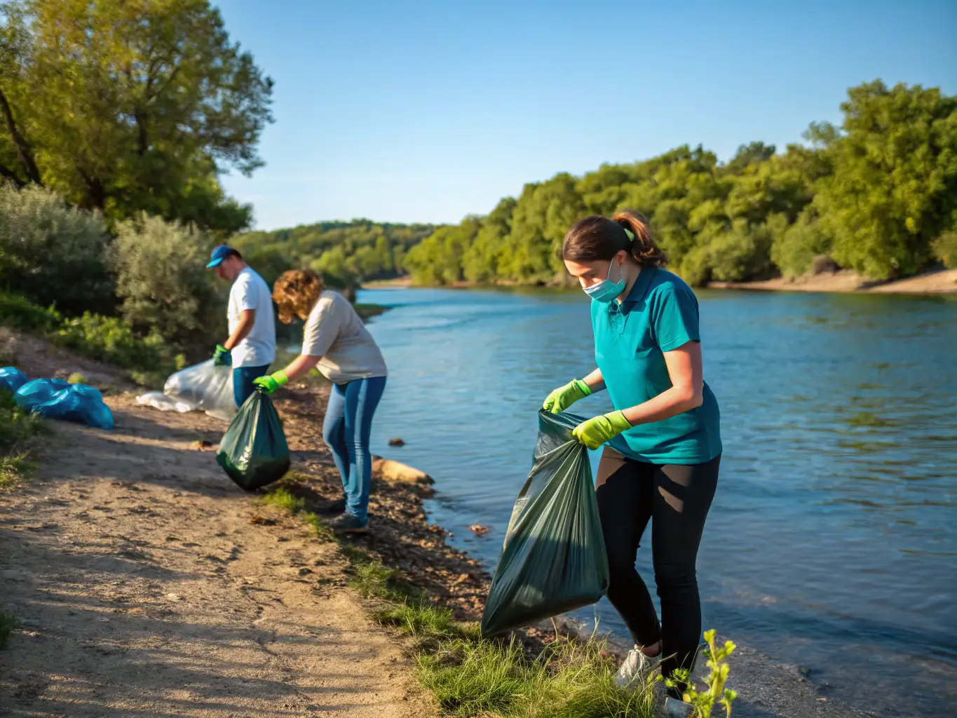 A community-focused image of the Vézère River Clean-Up Day, showing volunteers of all ages collecting trash and debris from the riverbanks, promoting environmental stewardship.