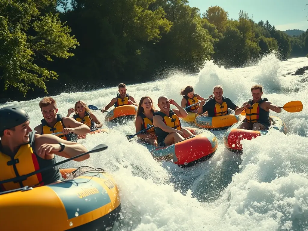 An action shot of participants competing in a canoe race on the Vézère River, with spectators cheering from the riverbank. The focus is on the speed and excitement of the competition.