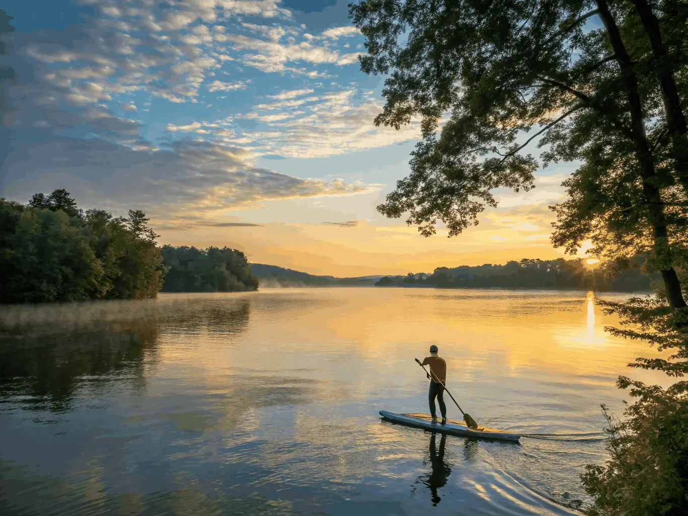 A serene image of a kayaker practicing yoga on a paddleboard in the calm waters of the Vézère River at sunrise. The focus is on the tranquility and mindfulness of the activity.