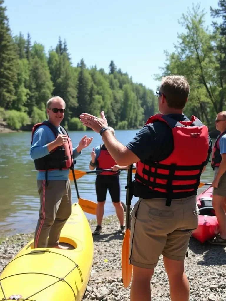 A picture of children participating in a canoeing workshop, learning basic paddling techniques and water safety. The instructor is demonstrating proper form, and the children are engaged and enthusiastic.