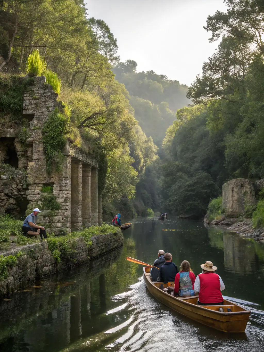 A group of people paddling canoes down the Vezere River on a sunny day, showcasing the recreational aspect of canoeing.