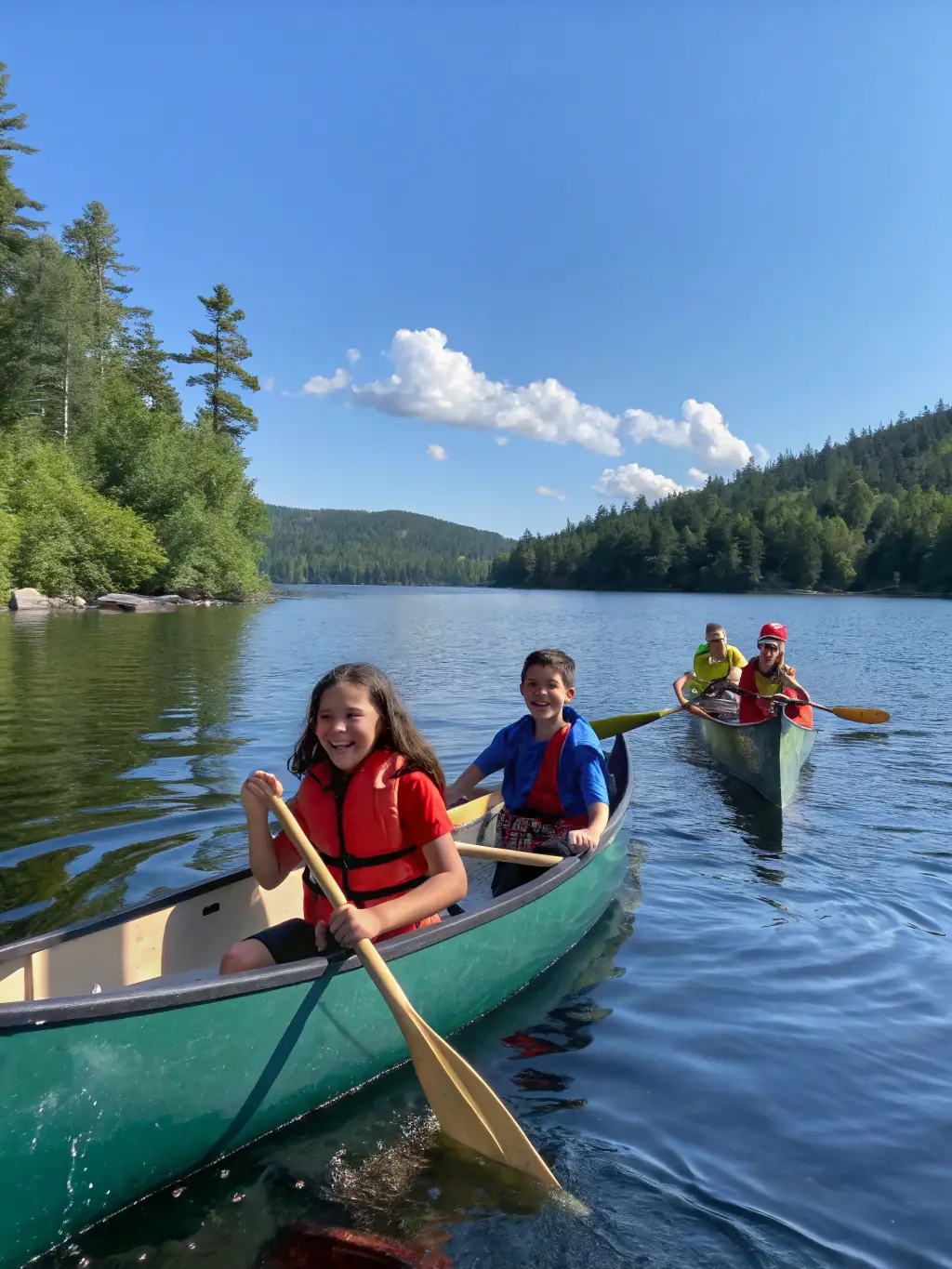 A group of children participating in a canoeing activity, highlighting youth engagement.