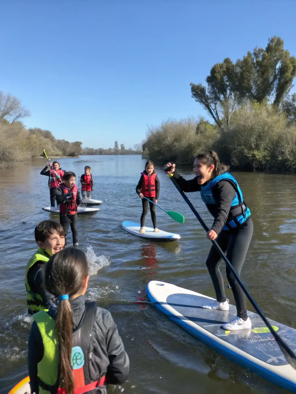 A photo of children participating in a kayaking lesson in a calm section of the Vezere River, emphasizing the youth programs of CANOE TREIGNAC VEZERE.