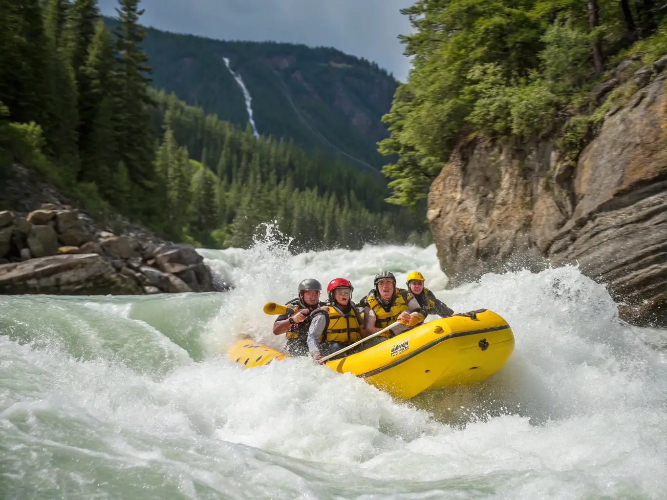 A dynamic shot of a canoe slalom event on the Vézère River, showcasing athletes navigating through the rapids with determination and skill, surrounded by cheering spectators.