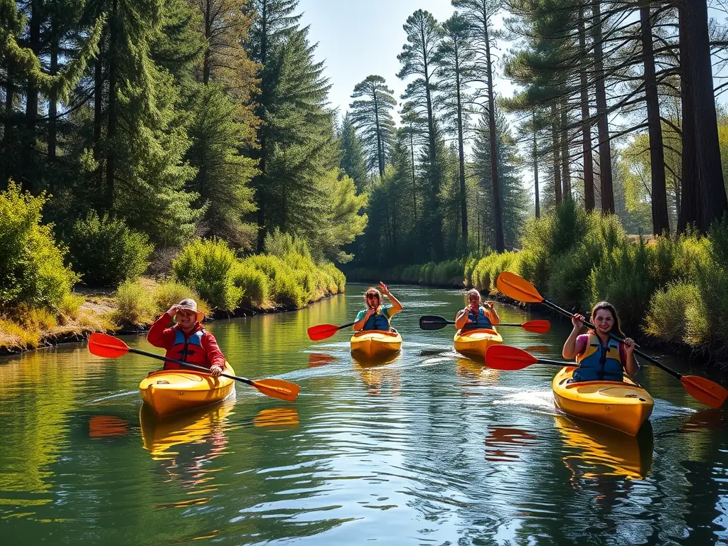 A vibrant image showcasing a group of kayakers paddling down the Vezere River on a sunny day, surrounded by lush green forests. The kayakers are smiling and appear to be enjoying the experience.