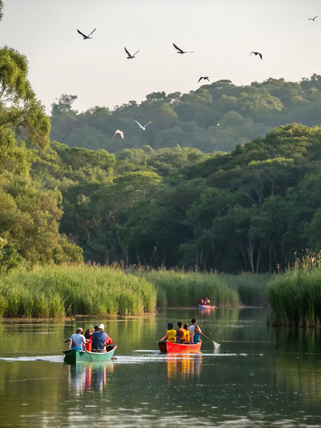 A group of people paddling canoes down the Vezere River on a sunny day, showcasing the canoe tour activity offered by CANOE TREIGNAC VEZERE.